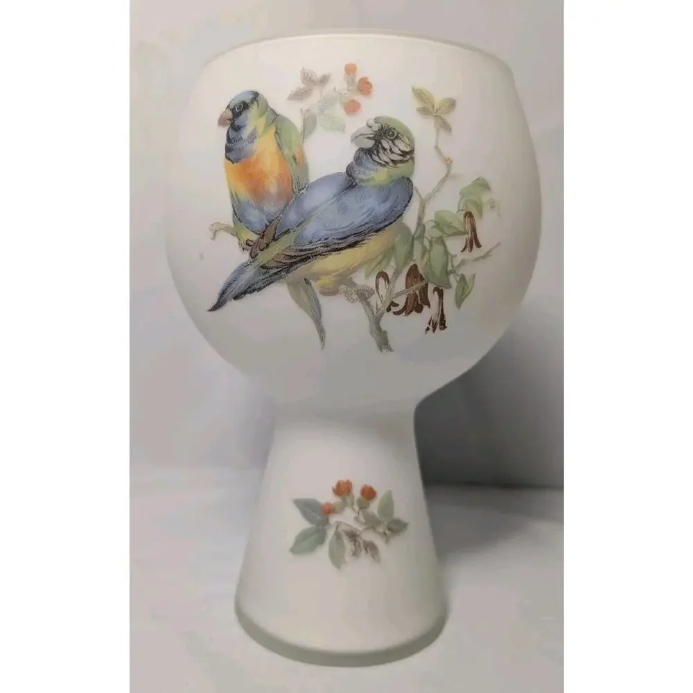 Vintage Norleans Frosted Satin Glass Vase Birds Floral Hand painted 1960